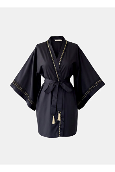 Magic BAlance Siyah Altın Detaylı Viskon Kimono | 888Balance