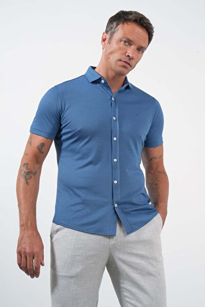 İmza Indigo Italian Collar Short Sleeve Pocketless Slim Fit Cotton Shirt 1004...