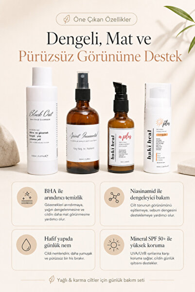 Yağlı Karma Ciltler İçin 4’lü Cilt Bakım Seti BHA Temizleyici Dengeleyici Tonik Nemlendirici SPF 50