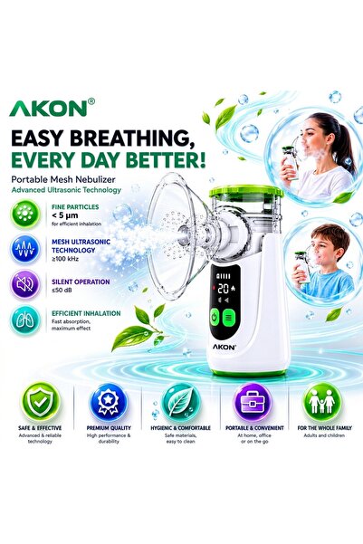 AKON Nebulizator portabil cu plasă, Inhalator cu aerosoli ultrasonic silențio...