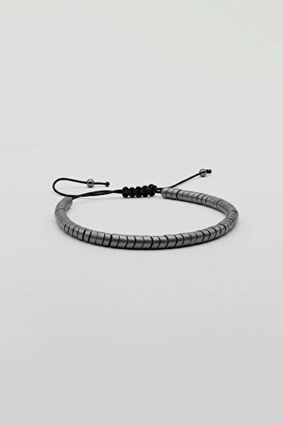 ablukaonline Unisex Hematite Disk Stone Detailed Thin Bracelet Smoked