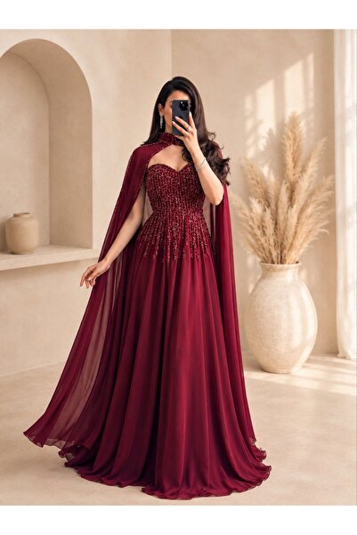 Jood Embroidered Chiffon Cape Evening Dress