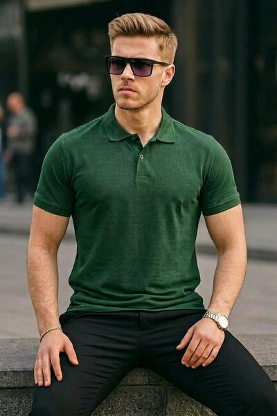 comstar Tricou verde cu guler polo, cu mânecă scurtă, relaxat, pentru bărbați