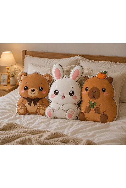 Piloji Kawaii Hayvan Dekoratif Yastık 3'lü Set – Ayıcık, Tavşan ve Kapibara Ş...