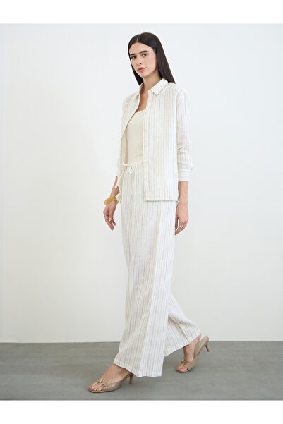 Styli Off White Striped Wide Leg Pants with Drawstring