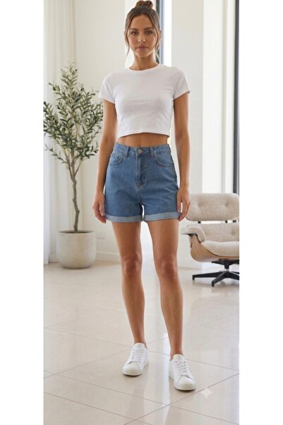 MODA Blue Fold-Over Non-Stretch Denim Shorts