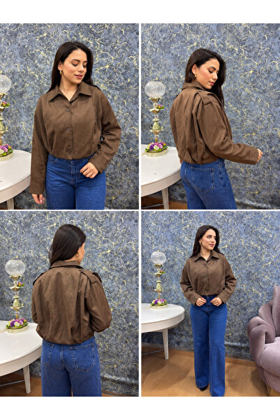 gülis Women's Brown Suede Look Buttoned Crop Jacket