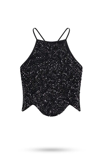 5in1Canpolat Crna bluza sa šljokicama i halter izrezom 071902