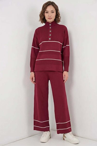 ALFA AKSESUAR 03 Women's High Collar Oversize Striped Knitwear Burgundy Two-P...
