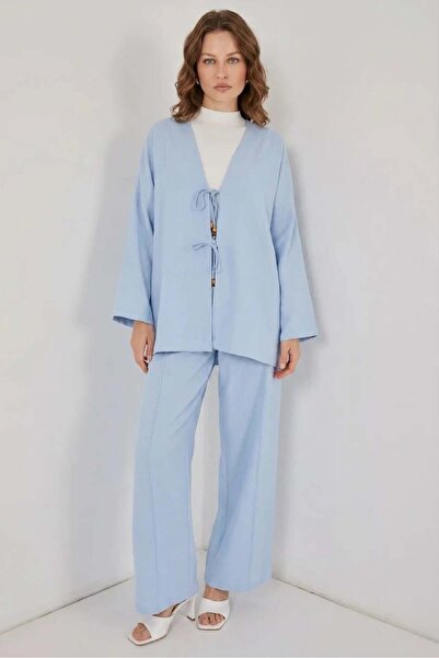 ALFA AKSESUAR 03 Women's V-Neck Lace-Up Viscose Blue Double Set