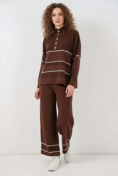 ALFA AKSESUAR 03 Women's Half Turtleneck Oversize Striped Knitwear Brown Two-...