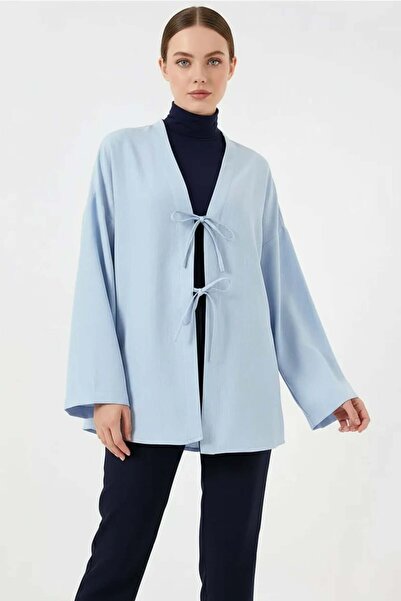ALFA AKSESUAR 03 Women's V-Neck Belted Viscose Blue Hijab Kimono