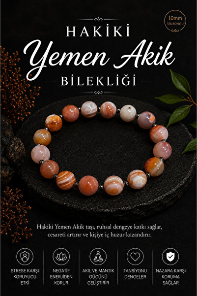 OSMANLI DEĞERLİ TAŞ Certified 10mm Genuine Yemen Agate Bracelet (16-17 cm)