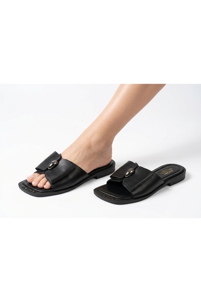 OEM Papuci Negri Damă Comod din Piele Ecologică cu Talpă Cauciuc