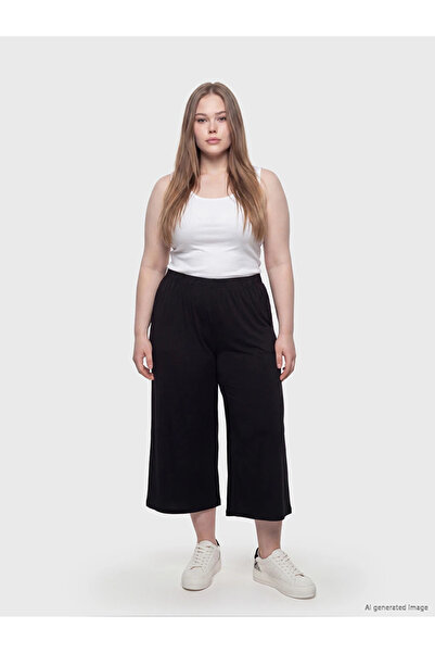 LC Waikiki Black Plus Size Women's Capri Pants with Elastic Waist