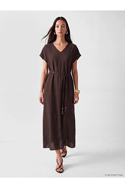 LC Waikiki Brown V-Neck Belted A-Line Textured Dress