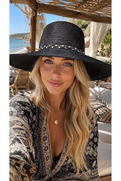 BALIENTE Black Accessory Embroidered Wide Round Straw Women's Hat