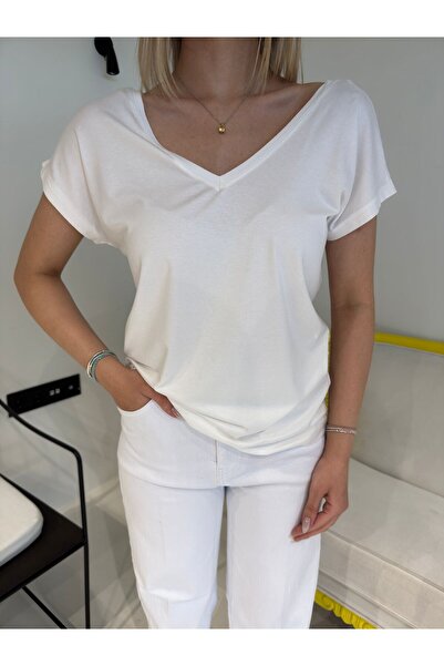 Bade Butik Ecru Front and Back V-Neck Soft T-Shirt