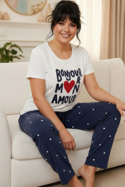 Siyah İnci Patterned Cotton Plus Size Oversized Knitted Pajama Set