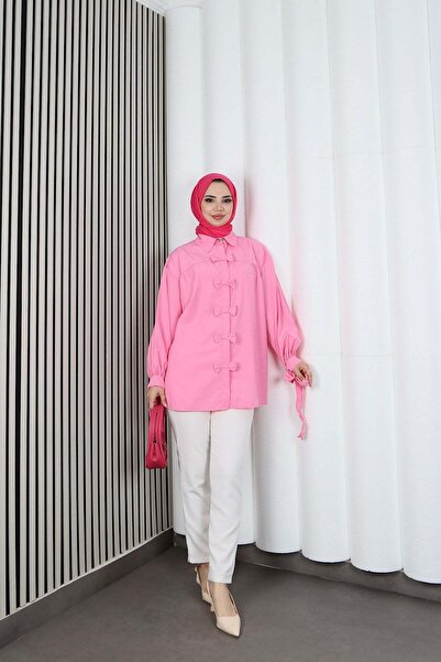 HNT Hayrunnisa Tesettür Fiyonk Detaylı Büzgülü Balon Kol Tunik Pembe HNT2128