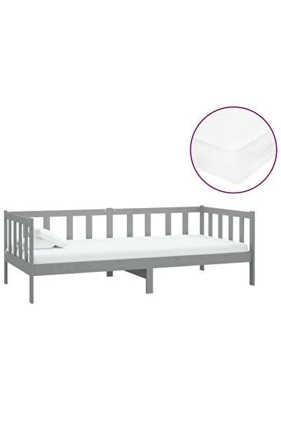 vidaxl Pat de zi cu saltea, gri, 90x200 cm, lemn masiv de pin