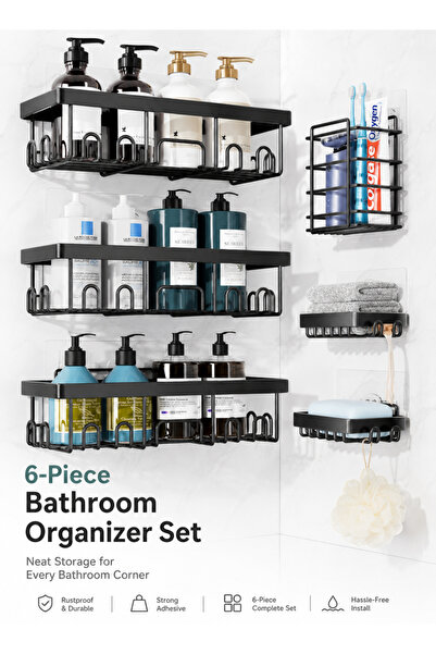 Pomefar 6-Pack No Drill Rustproof Shower Caddy, Carbon Steel Wall Mount Bathr...