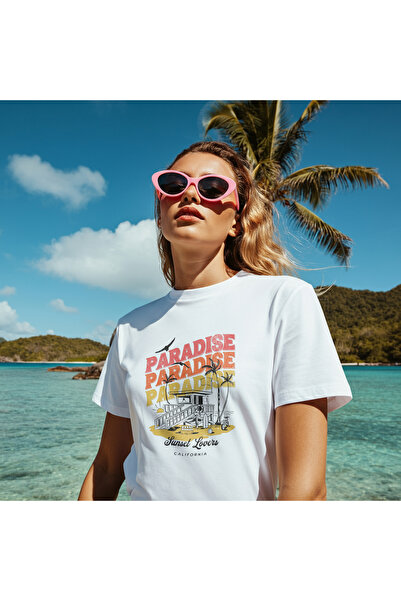 MAGORS تي شيرت Paradise Sunset Lovers مطبوع بمقاس كبير وياقة دائرية من القطن ...