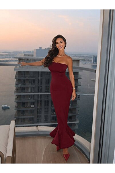 sajarsln Strapless Maxi Size Fish Model Evening Dress with Embossed Wire at t...