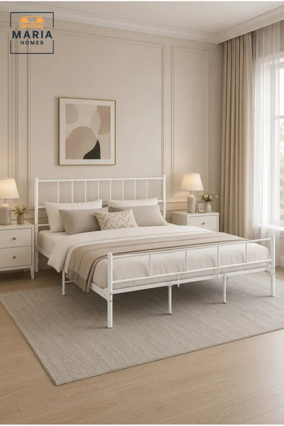 MARIA HOMES Modern White Metal Bed Frame 180×200 cm – Platform Bed with Minim...