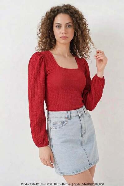 ALFA AKSESUAR 03 Women's Round Neck Embossed Fabric Red Blouse