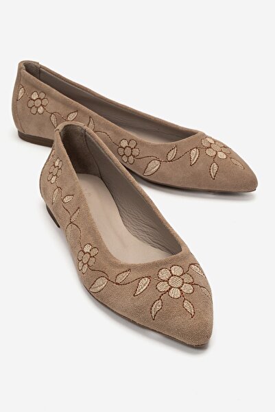 Zeynep Sıradağlı James Women's Genuine Leather Embroidered Ballerinas Mink Suede