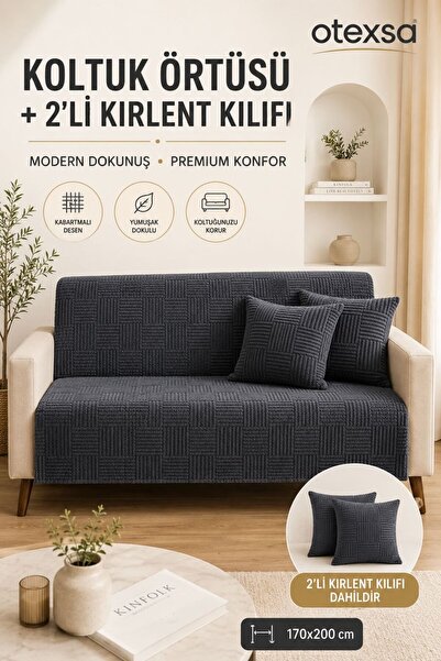 OTEXSA Anthracite Sofa Cover and Set of 2 Throw Pillow Covers Soft Textured D...