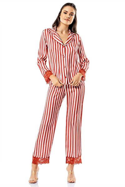 Loriva Women's Striped Lace Detailed Shirt Collar Long Pajama Set