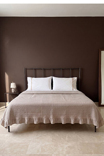 Perotti Pique Beige Ruffled Double Bed Sheet Set with 100% Cotton Sheets
