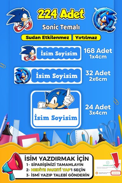SB store Okul Kreş Kişiye Özel isim Etiket Seti Sonic Temalı - Model 662