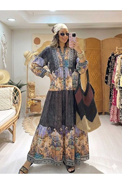 QUAWEAR V-Neck Patterned Viscose Fabric Full Length Dress