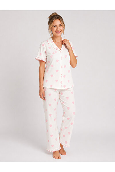 Pembe Kalpli Bürümcük Kumaş Kısa Kollu Pijama Takımı