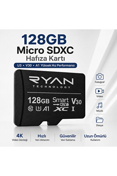 Ryan 128GB Micro SD Hafıza Kartı U3 V30 A1 SDXC 4K Video Destekli Yüksek Hızl...