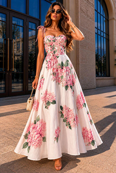 AsprinFashion Pink Hydrangea Floral Patterned Strappy Midi Dress