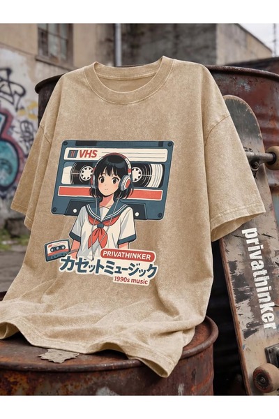 Toum Retro Anime Girl Vhs Unisex Washable Vintage Oversize T-Shirt