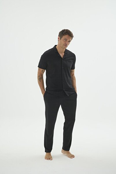 Sevim Men's Short Sleeve Front Buttoned Black Pajama Set C6T8N69