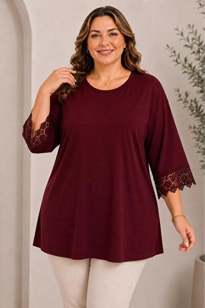 NO 601 Mother Women's Red Guipure Detailed Short Sleeve Combed Cotton Blouse