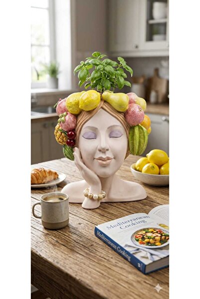 Dekoromi Dekoratif Meyveli Kadın Saksı Sepet Çiçeklik Biblo Obje (30x25 CM) E...