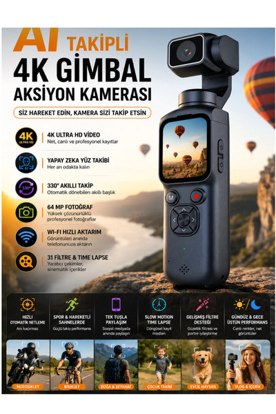WUNİT 4K Ultra Hd AI Destekli Takip Profesyonel Aksiyon Kamerası Dokunmatik E...