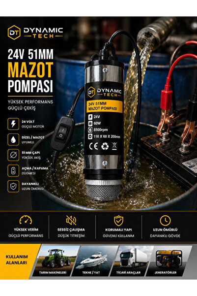 DynamicTech 24 Volt Mazot Ve Su Zeytin Yağı Vs Sıvı Aktarma Pompası Dalgıç Pompa 60 Watt 51 mm