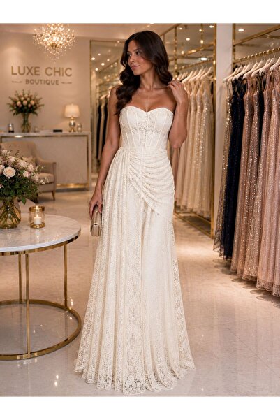 Hot Contact Lace Strapless Draped Long Evening Dress 5331