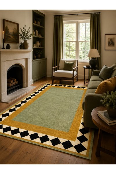 Homeilla Geometrik Bordürlü Adaçayı Yeşili Hardal Renkli Dekoratif Halı