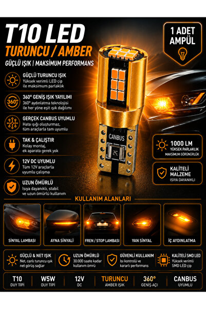 DuoLight WY5W T10 Amber Turuncu LED Sinyal ve Park Ampulü Canbus Hatasız Ultr...