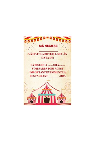 OEM Set Invitații botez 13x18cm cu plic, Tematică Circus, 10 buc