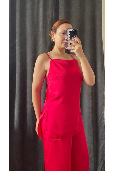 Tumtum Wear Satin Adjustable-Strap Blouse and Pants Set with Slit Detail